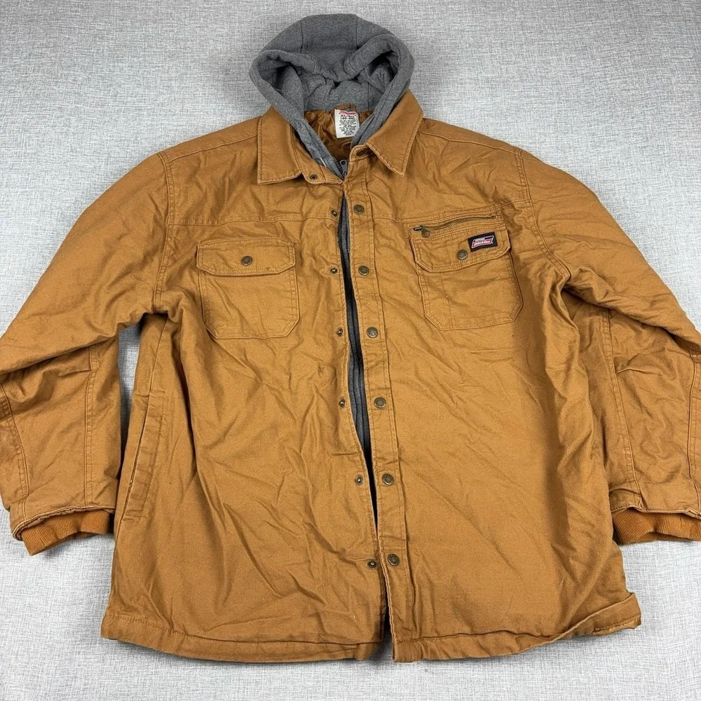 Dickies Jacket Mens XL Brown Canvas Hooded Quilted Lined Full Zip 5319 Workwear